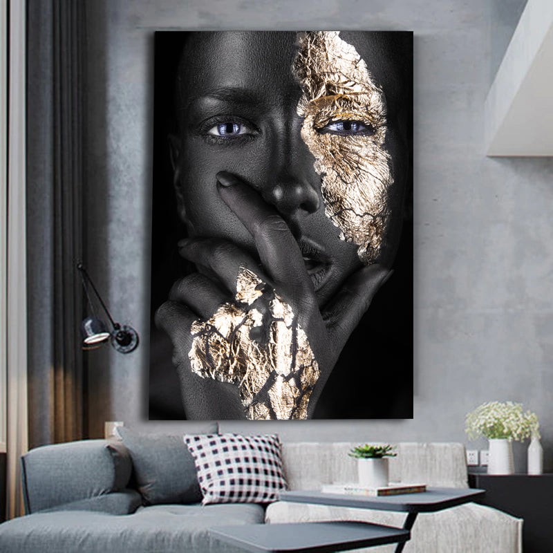 African Art Black and Gold Woman on Canvas